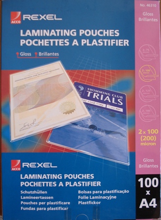 Rexel 46310 A4 Laminating Pouch Gloss 200 Micron Box 100